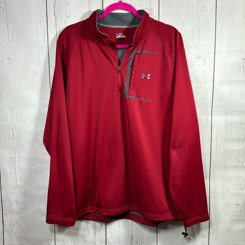 Under Armour Mens Cold Gear Fleece Pullover Quarter Zip Red Gray Long Sleeve